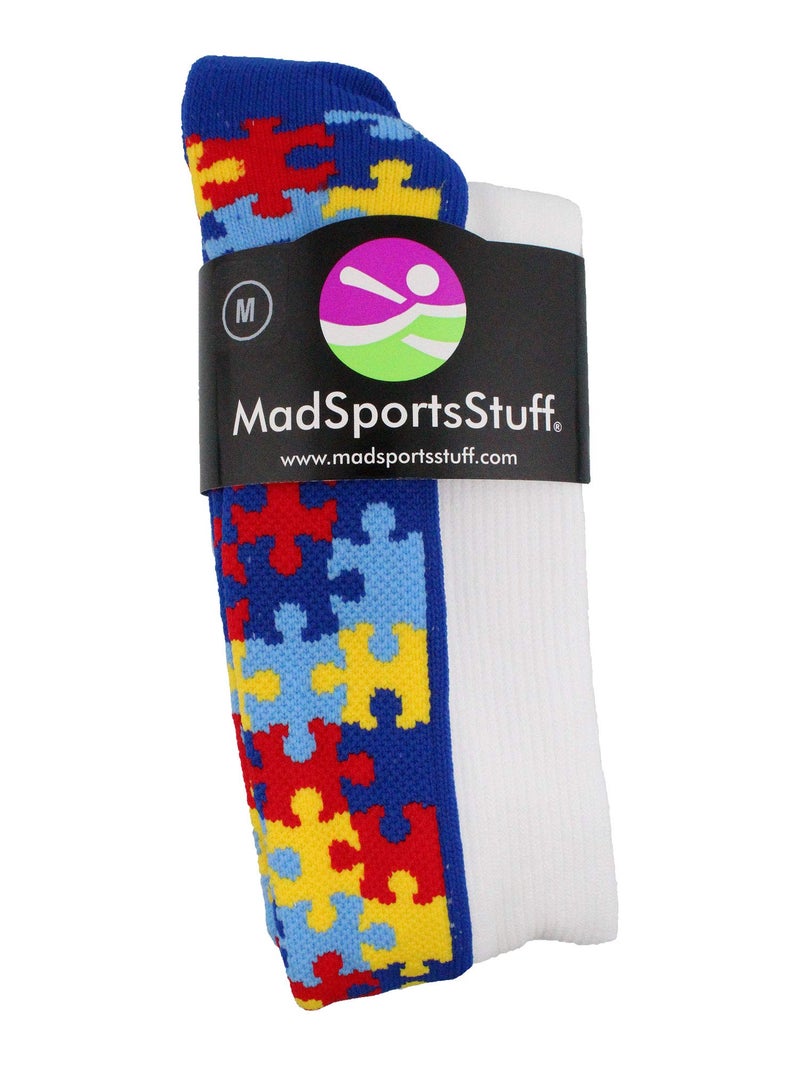 MadSportsStuff Puzzle Heart Autism Awareness OTC Socks (White/Royal, X-Large) - Image 2